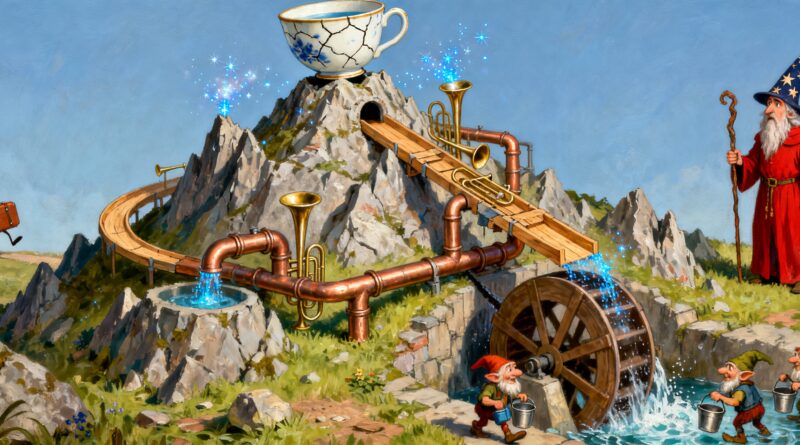 Zapomnijcie o nudnych wykresach. Oto jak Mała Elektrownia Szczytowo-Pompowa wyglądałaby, gdyby projektował ją "Najlepszy Inżynier" (prawdopodobnie Leonard z Quirm)