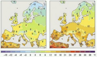 Rys. 3: Możliwe zmiany temperatury w Europie w obecnym stuleciu w wyniku globalnego ocieplenia. Mapa po lewej stronie pokazuje średnie roczne wartości temperatury powietrza w okresie 1961–1990. Mapa po prawej stronie pokazuje, jakie mogą być średnie wartości temperatury w latach 2071–2100.